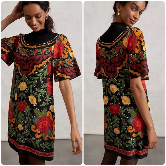 New! Farm Rio Larsa Mock Neck Mini Black Floral Dress 🌻 XS